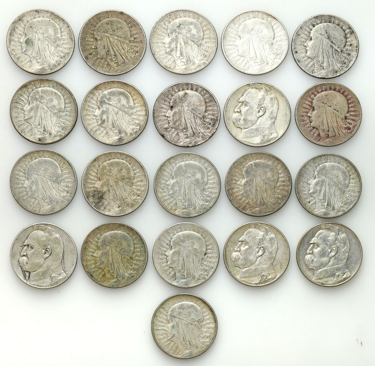 II RP. 5 złotych 1932- 1936 głowa kobiety, Piłsudski zestaw 21 monet